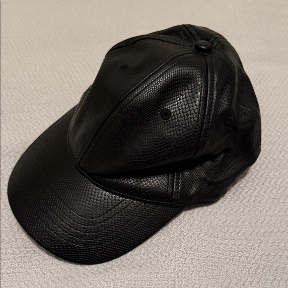 Accessories - Black Textured Faux Leather Baseball Cap